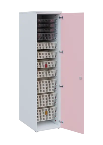 EUROMEDICA D - 46 skříň léková boxová, 1-dveřová, pravá, 1950x460x735, korpus bílý, dvířka pastelově růžová